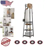 Industrial Freestanding Coat Rack with 3-Tier Shelves & 8 Hooks in Walnut Brown