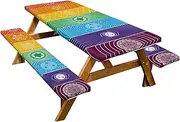Fitted Picnic Table Cover | 3 Geometric Design Camping Tablecloth | Portable Patio Table Covers, Outdoor Bench Cover for Barbecues, Work, Picnics, Painting