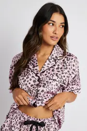 Pink Animal Print Pyjama Set Satin Short Sleeve Black Piping PJ - Size L, Women's Pj Set