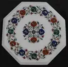 Octagon Marble Coffee Table Top Multicolor Gemstone Inlay Work End Table for Bar