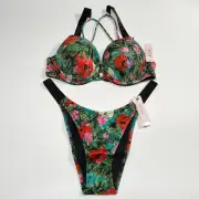 Victoria Secret 34B M Bombshell Push Up Bikini Top Set Shine Strap Palm Tropical