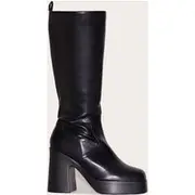 Wide Fit Black Pu Square Toe Block Heeled Slight Platform Knee High Boot, Black