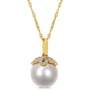 10.0 - 11.0mm Cultured South Sea Pearl and 0.07 CT. T.W. Natural Diamond Leaf Top Pendant in 14K Gold - 17"