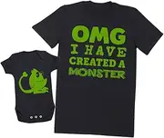 [Zarlivia Clothing] OMG I've Created a Green Monster! - Matching Father Baby Gift Set - Mens T Shirt & Baby Bodysuit - Blue - Large & Newborn