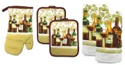 5pc Kitchen Set:2 POT HOLDERS,1 OVEN MITT &2 TOWELS,WINE BOTTLES ON THE SHELF,KC