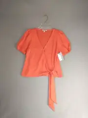 Nine West Womens Top Small Orange Short Sleeve V Neck The Silky Tie Front Blouse