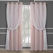 Exclusive Home Catarina Layered Solid Room Darkening Blackout and Sheer Grommet Top Curtain Panel Pair, 52"x108", Rose Blush