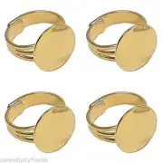 100 GOLD PLATED Adjustable Finger RING BLANKS ~ Flat 16mm pad ~ Add Beads Cabs