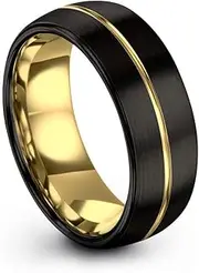 [Midnight Rose Collection] Tungsten Wedding Band Ring 8mm for Men Women Black & 18K Yellow Gold Plated Center Line Dome Brushed Polished