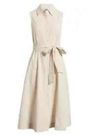 Anne Klein Striped Sleeveless Shirt Dress Women's 8 Latte Button Front Closure