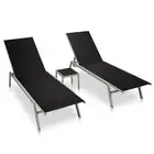 Sun Loungers 2 Pcs With Table Steel And Textilene Black glass Loungers