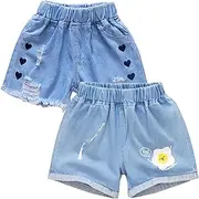 [Amur Leopard] Children's Girls' Denim Shorts 2-Pack Casual Thin Shorts for Summer, Blue B, 146