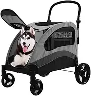 ZHUOYUANTONG Large Dog Stroller-4 Wheel Pet Stroller Suitable for Medium to Large Dogs or 2 Dogs,Foldable Dog Stroller,132lbs Capacity,for Park or Travel,Grey