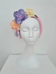 Miss Whimsical. 3D floral lace headband fascinator in Pink / pastel multi