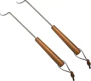 PEPKICN 15 Inches Food Flipper - Stainless Steel BBQ Meat Turner Hook with Wooden Handle for Grilling & Smoking (2 Pack Right-Handed)