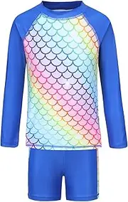 [Yoille] Girls Two Piece Rash Guard Swimsuits Set with Swim Trunk Kids Long Sleeve Bathing Suit Swimwear Set