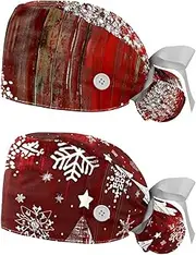 [YTYVAGT] 2-Pc,Nurse Scrub Caps,Scrub Hats with Buttons and Cotton Sweatband,Christmas Snowflakes Tree
