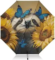 [PDZRMY] Sloth Sunflower Butterfly UV Protection Travel Umbrella Compact for Rain and Sun - Auto Open and Close UPF 50+ Windproof Portable 46” Sun Umbrella for Women and Men