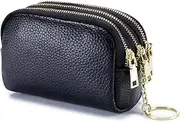 [Linno] 3 Zippered Genuine Leather Coin Purse Triple Capacity Change Pouch Little Travel Wallet With Key Ring for Women, A-black, Tri-fold