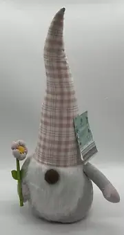 Spring Gnome Flower Pink Plad Hat Weighted Plush 20” Tall Huntington Home NWT