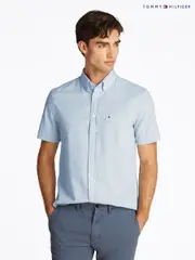Tommy Hilfiger Blue Regular Fit Seersucker Short Sleeve 100% Cotton Shirt (F55023) | $196