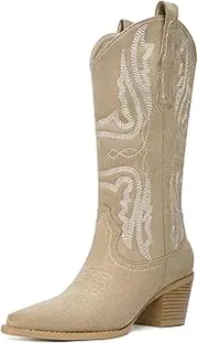 [CKSNDLF] Women's Cowboy Boots Western Mid-Calf Cowgirl Boots with Classic Embroidered Pointed Toe Block Heel Pull-On Shoes