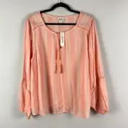 Ariat Society Top Peasant Boho Tassel Blouse Size XL Peach Long Sleeve