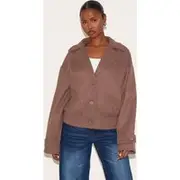 Mushroom Wool Look Button Up Front Bomber Jacket, Mushroom