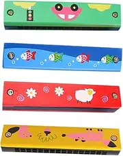 minkissy 4pcs Wooden Harmonica for Double Row Educational Musical Instruments Random Pattern for Early Learning and Parent Interaction