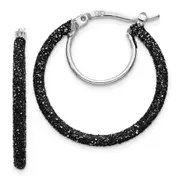Sterling Silver Rhodium/Black Glitter Enamel 2X25mm Hoop Earrings