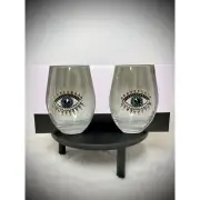 RACHEL ZOE Stemless Evil Eye Jeweled Rhinestone Wine Glasses NEW