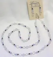 27" HAND KNOTTED CLEAR QUARTZ CRYSTAL GEMSTONE w/BLUE BEAD NECKLACE EARRING SET
