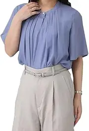 [SMART BIZ] Women's Short Sleeve Blouse, Non-Iron, Non-See-Through, Fashionable, Work Blouse, Band Color, Office Casual, Business Casual, Busy Casual