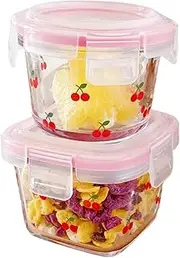 yaocoral 2 Pack 4 OZ Small Square Glass Containers with Lids,Cherry Food Jars Airtight Glass Food Container for Sauce,Snack,Yogurt,Dressing,Dip,Dessert,Freezer Microwave Safe