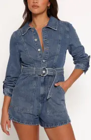 Petal & Pup Brady Belted Denim Long Sleeve Romper in Blue at Nordstrom, Size 4