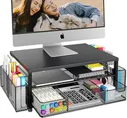 OPNICE Modern Minimalist 2-Tier Computer Monitor Stand with Drawer and 2 Pen Holders, Black