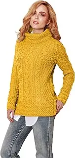 [Aran Woollen Mills] Carraig Donn - Ladies - 100% Soft Merino Wool - Cable Knit Sweeter Vented Roll Neck Irish Jumper