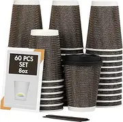 AuzzieStar (60 Pack) 8oz Triple Wall Paper Cups, Disposable Coffee Cups with Lids, Paper Coffee Cups for Hot/Cold Beverages, Tea, Hot Chocolate, Juice. Ideal for Home & Occassions