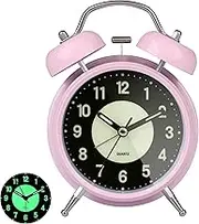 GINZER Classical Retro Twin Bell Alarm Clock, Non Ticking Silent Bedside Alarm Clock with Backlight, Desk Clock With Nightlight, Loud Alarm for Heavy Sleepers Bedroom Office, Battery Operated-Pink