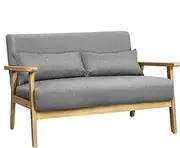 [ALFORDSON] Wooden Armchair 2-Seater with Linen Fabric Upholstery Cushion & Pillow, Accent Chair with Solid Wood Frame Armrest, Lounge Sofa for Reading Bedroom Living Room, 280KG Max, Ulla Light Grey