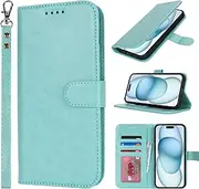 Cavor for iPhone 15 Wallet Case for Women Flip Folio Kickstand PU Leather Case with Card Holder Wristlet Hand Strap Stand Protective Cover for iPhone15 6.1'' Phone Cases-Light Green