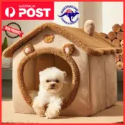 Enclosed Pet Cat Dog Bed Brown Teddy Bear Style Bed Warm Soft Plush Sleeping