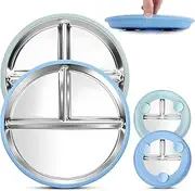 ZCOINS 2 Pack 9" Stainless Steel Plates with Suction, Divided Suction Stainless Steel Plates with Removable Silicone Base, 3 Compartments, Non-Slip Metal Dinner Dishes with Dividers