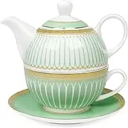 fanquare Tea for One with Gold Trim, Green Teapot Set for Adults, Ceramic Coffee Cup with Saucer, Classic Stripes