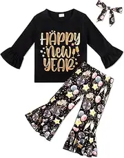 [DAKEIK] New Year Outfit Toddler Girl Happy New Year Black Top Firework Pattern Bell Pants Turban 3 Piece Set