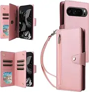 [YocoverTech] for Google Pixel 9 Pro XL 5G Case,for Google Pixel 9 Pro XL 5G Wallet Case[6 Card Slots and 1 Zipper Coin Pocket] PU Leather Stand Flip Cover with Wrist Strap-Pink