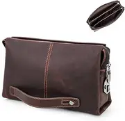 [FAOONNMY] Men Genuine Leather Phone Clutch Handbag with Retractable Wrist Strap, Casual Large Capacity Business Organiser Bag
