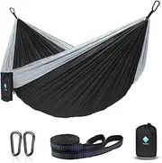 Hammock Camping Portable Single Hammocks for Outdoor Hiking Travel Backpacking - 210D Nylon Tree Tent Swing Beds for Backyard & Garden Hammock (Black/Gray)