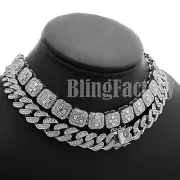 Hip Hop Silver PT Full Iced 18" Cuban & 16" Bling Choker Chain Fashion Necklace