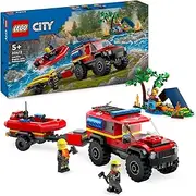 LEGO City 4x4 Fire Engine with Rescue Boat Toy for 5+ Year Old Boys & Girls, Imaginative Play Vehicle Set incl. a Toy Fire Truck with Trailer and 2 Firefighter Minifigures, Kids' Building Toys 60412
